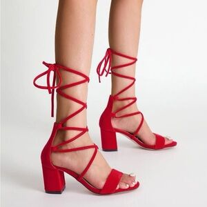 Red Heels with straps Minimalist Suede Gladiator Sandals Size: 7/7.5